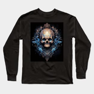 Skull on Blue Fire: Baroque Vintage Ornament Background Long Sleeve T-Shirt